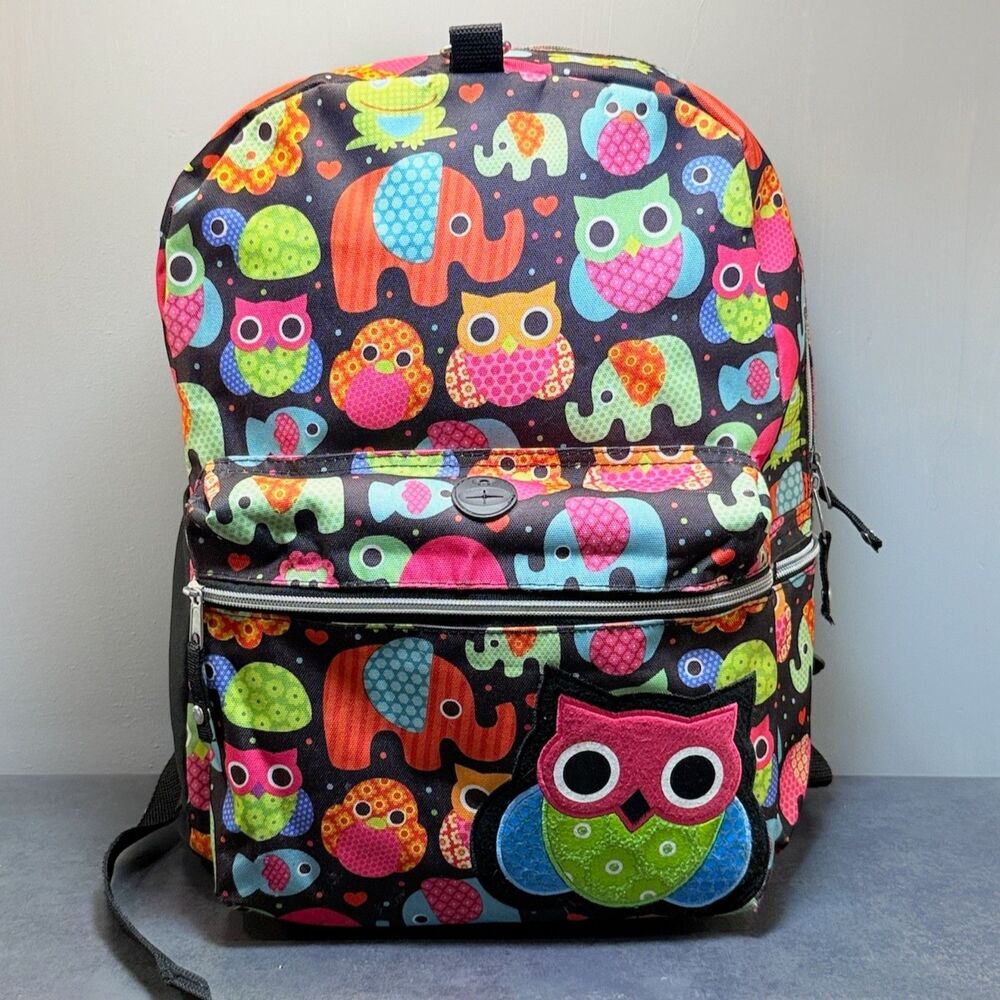 Owls Elephants Backpack | Multicolor Animal Print Large School Bag